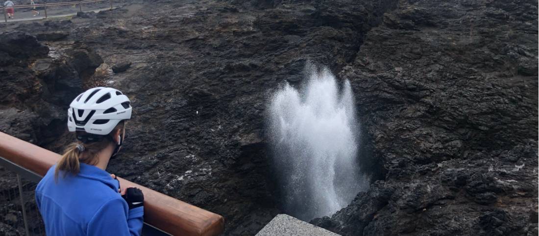 Cyclist viewing the Kiama Blowhole on the south coast cycle |  <i>Kate Baker</i>