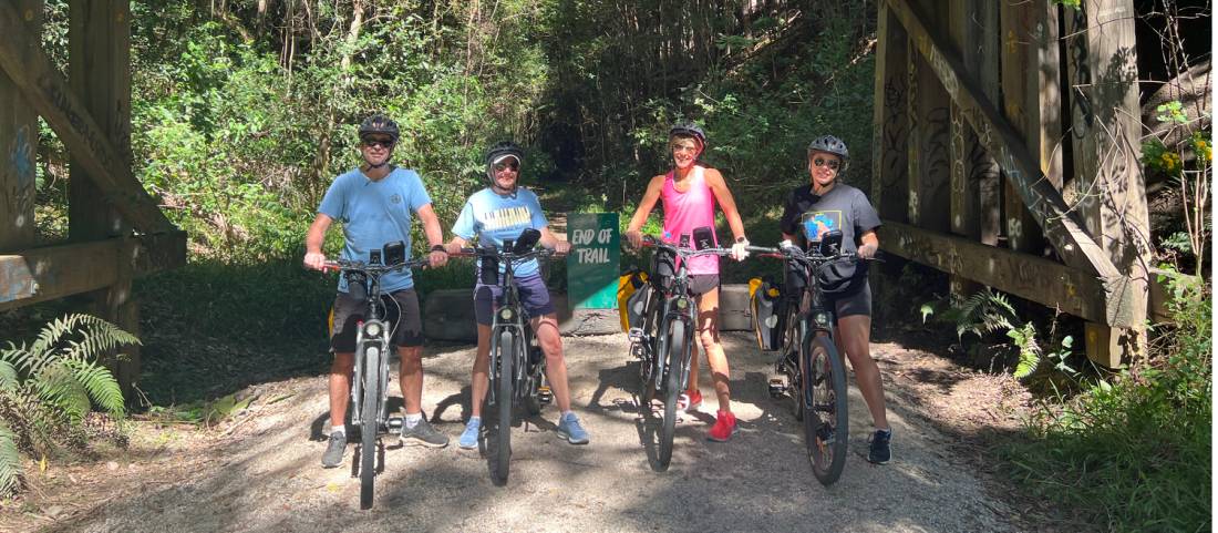 Cyclists at the end of the first stage of the Rail trail at Crabbes Creek |  <i>Kate Baker</i>